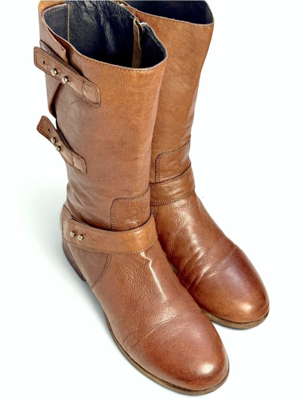 Eileen Fisher Whiskey Brown Leather Moto Boots Size 8 Mid-Calf Equestrian Boho